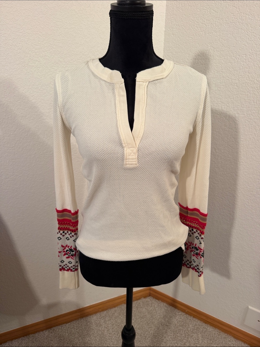 Free People Cream Thermal Henley with Red and Pink Fair Isle Cuffs